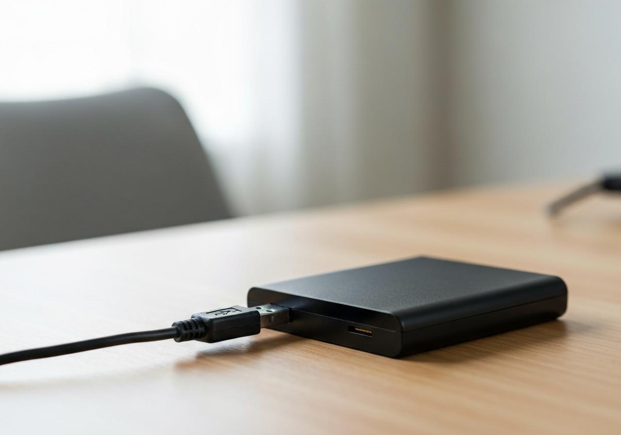 Disque dur externe HDD posé sur bureau en bois