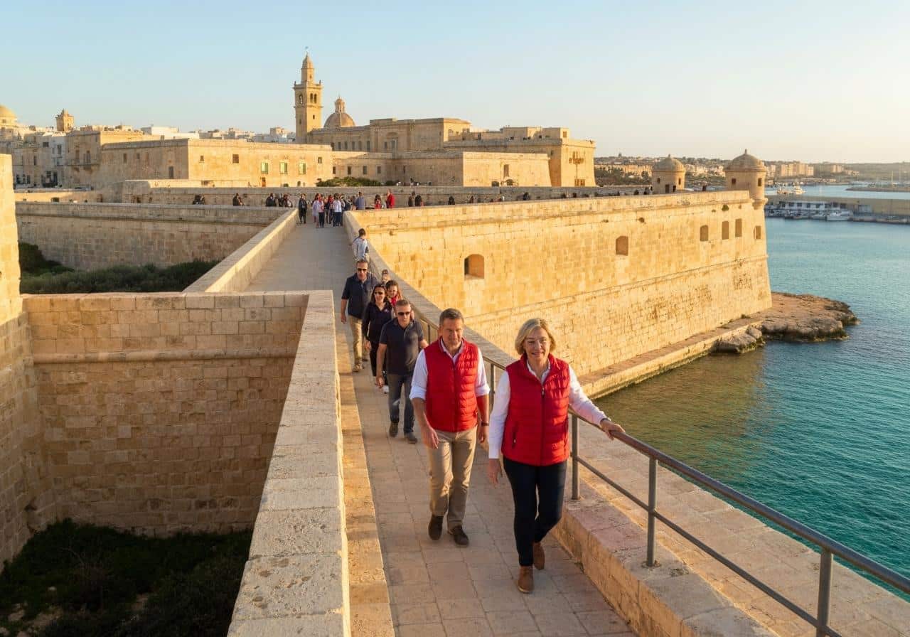 Groupe d'adultes visitant les remparts de La Valette Malte