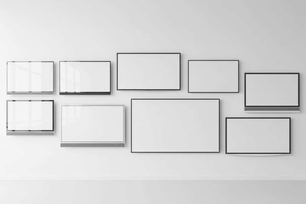 Tableau de télévisions de différentes tailles posées contre un mur blanc
