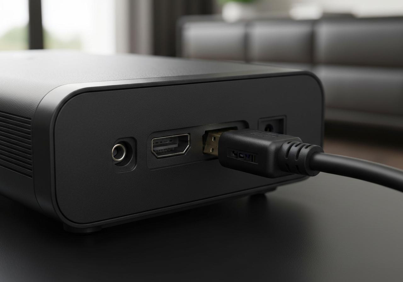 Câble HDMI connecté au port d'entrée d'un vidéoprojecteur