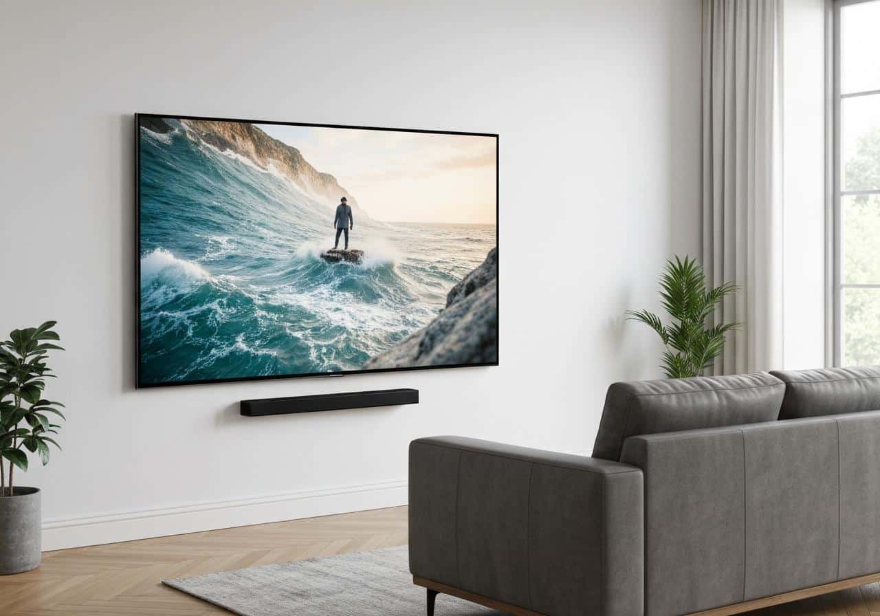 Salon moderne avec grand téléviseur fixé au mur