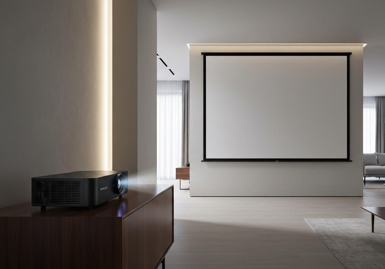 Vidéoprojecteur posé sur meuble face à écran blanc