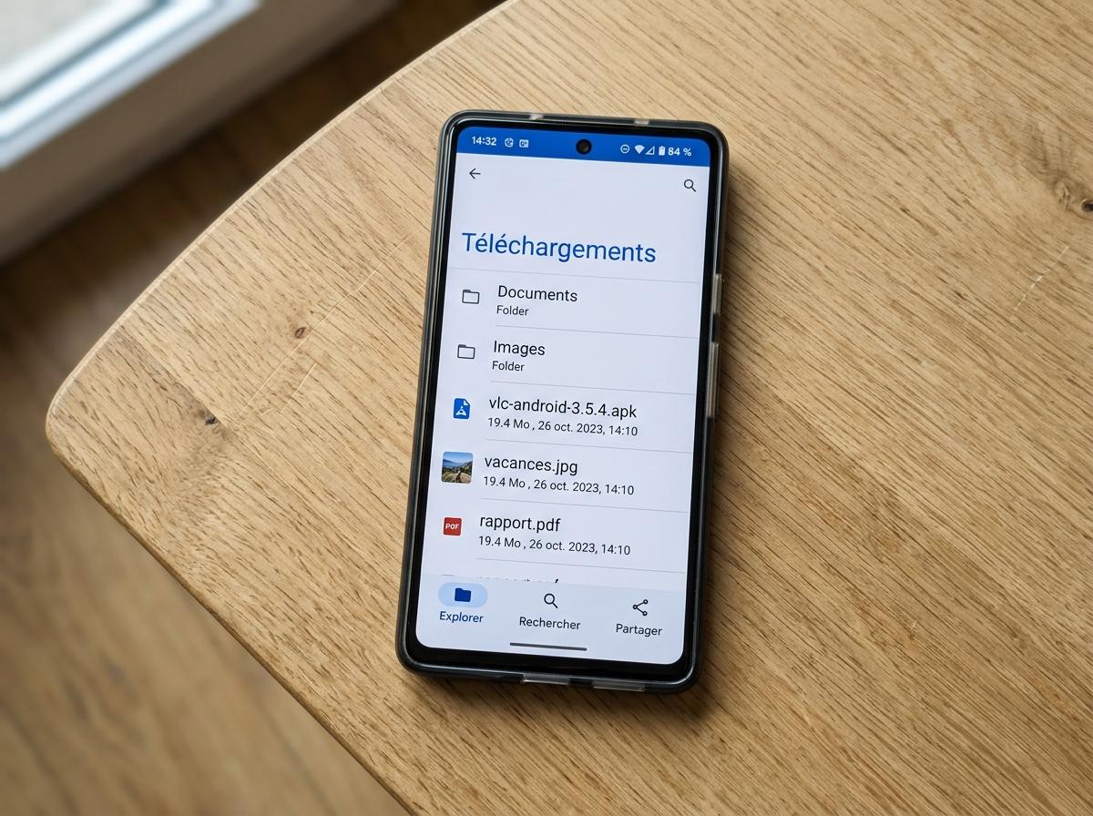 Écran Android affichant le gestionnaire de fichiers et un fichier APK