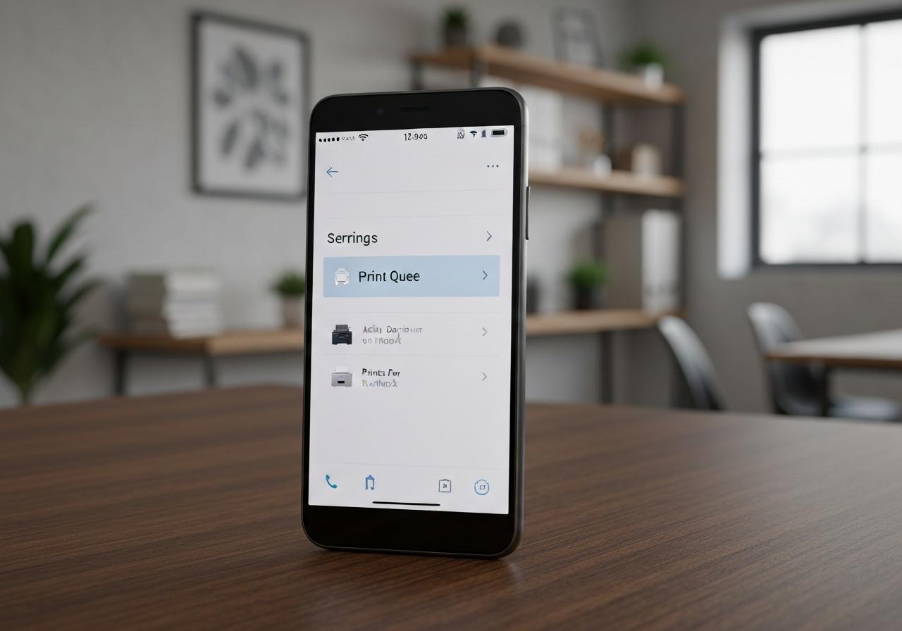 Smartphone Android affichant menu impression avec imprimante détectée