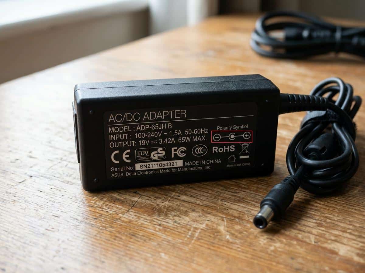 Étiquette technique au dos d'un bloc d'alimentation de PC portable